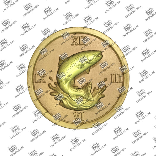 An image of a CNC file showing a trout fishing themed Roman numeral clock design intended for wall display or decorative use.