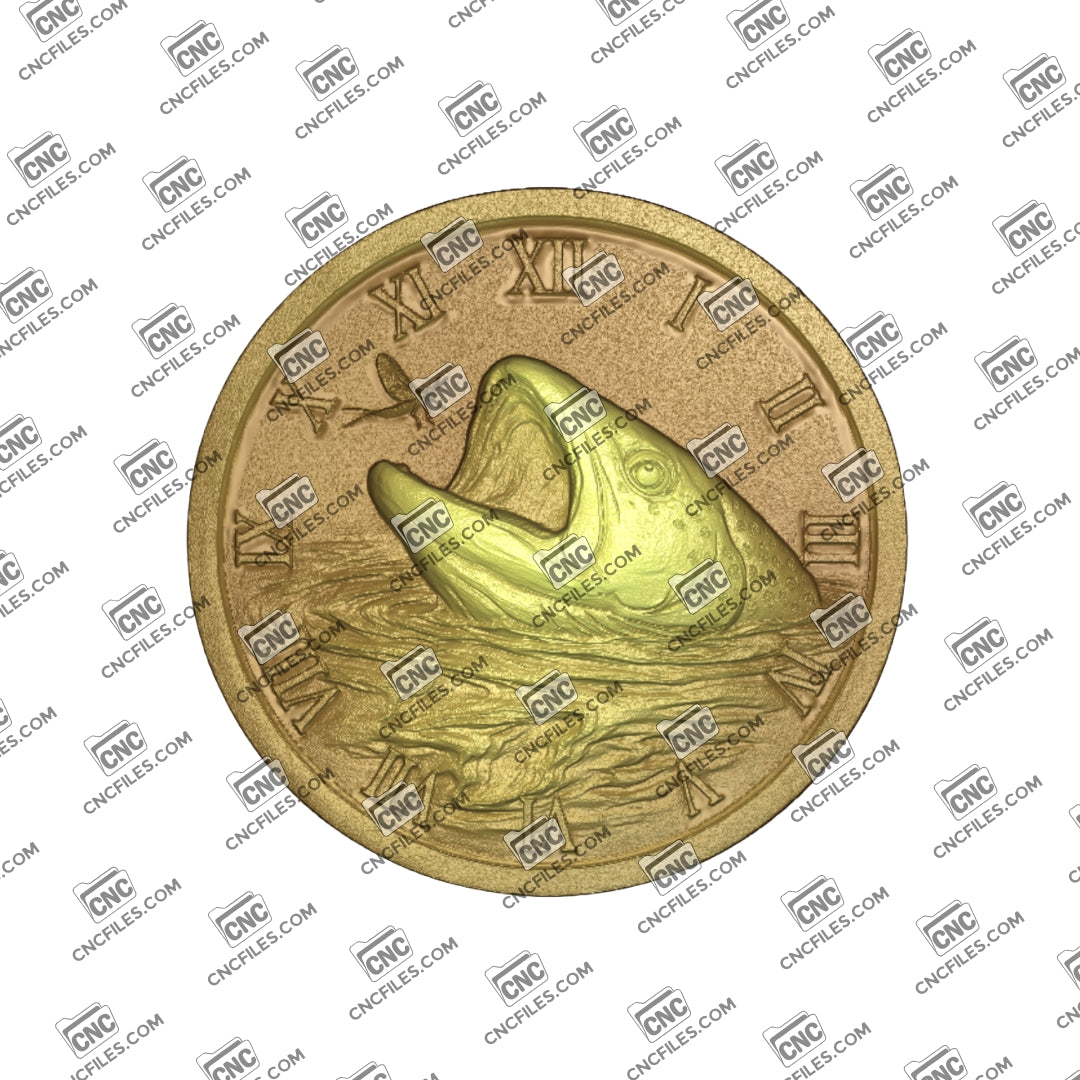 An image of a CNC file showing a trout fishing themed Roman numeral wall clock design used for decorative or woodworking projects.