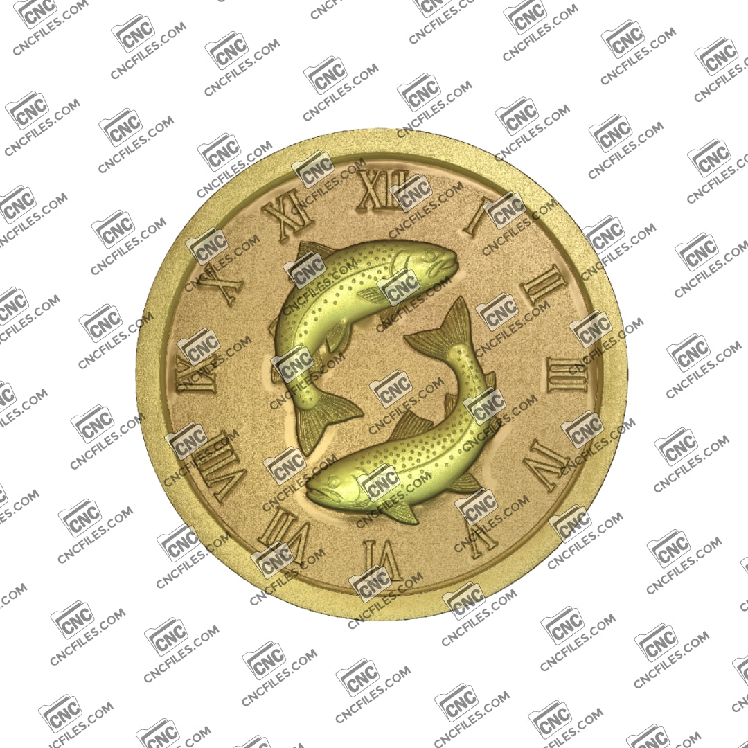 An image of a CNC file showing a trout-themed Roman numeral clock designed for fishing enthusiasts, perfect for home or cabin décor.