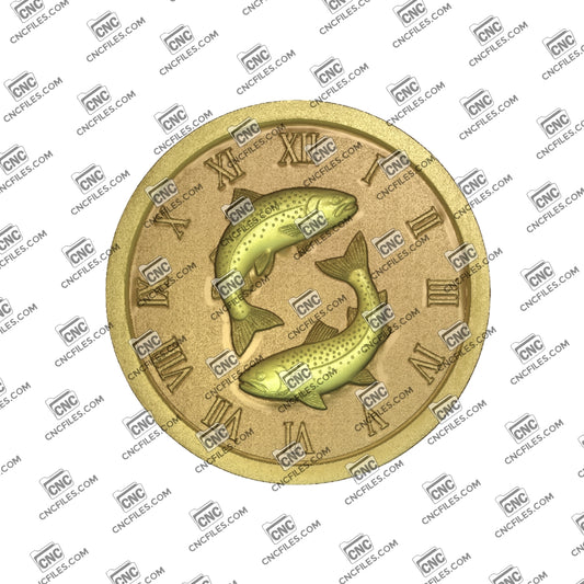 An image of a CNC file showing a trout-themed Roman numeral clock designed for fishing enthusiasts, perfect for home or cabin décor.
