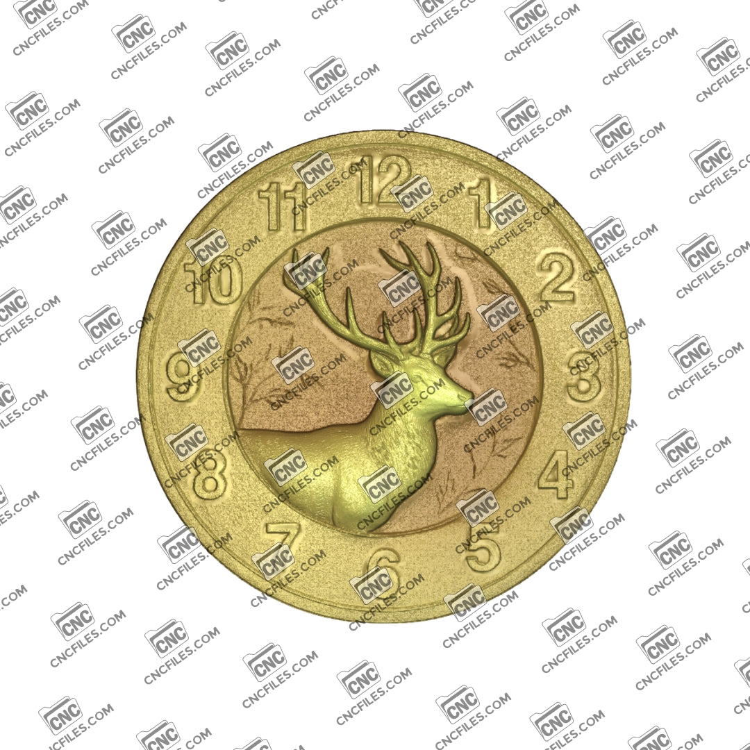 An image of a CNC file showing a White-Tailed Deer Trophy Arabic Clock 2 designed for decorative wall display and timekeeping.