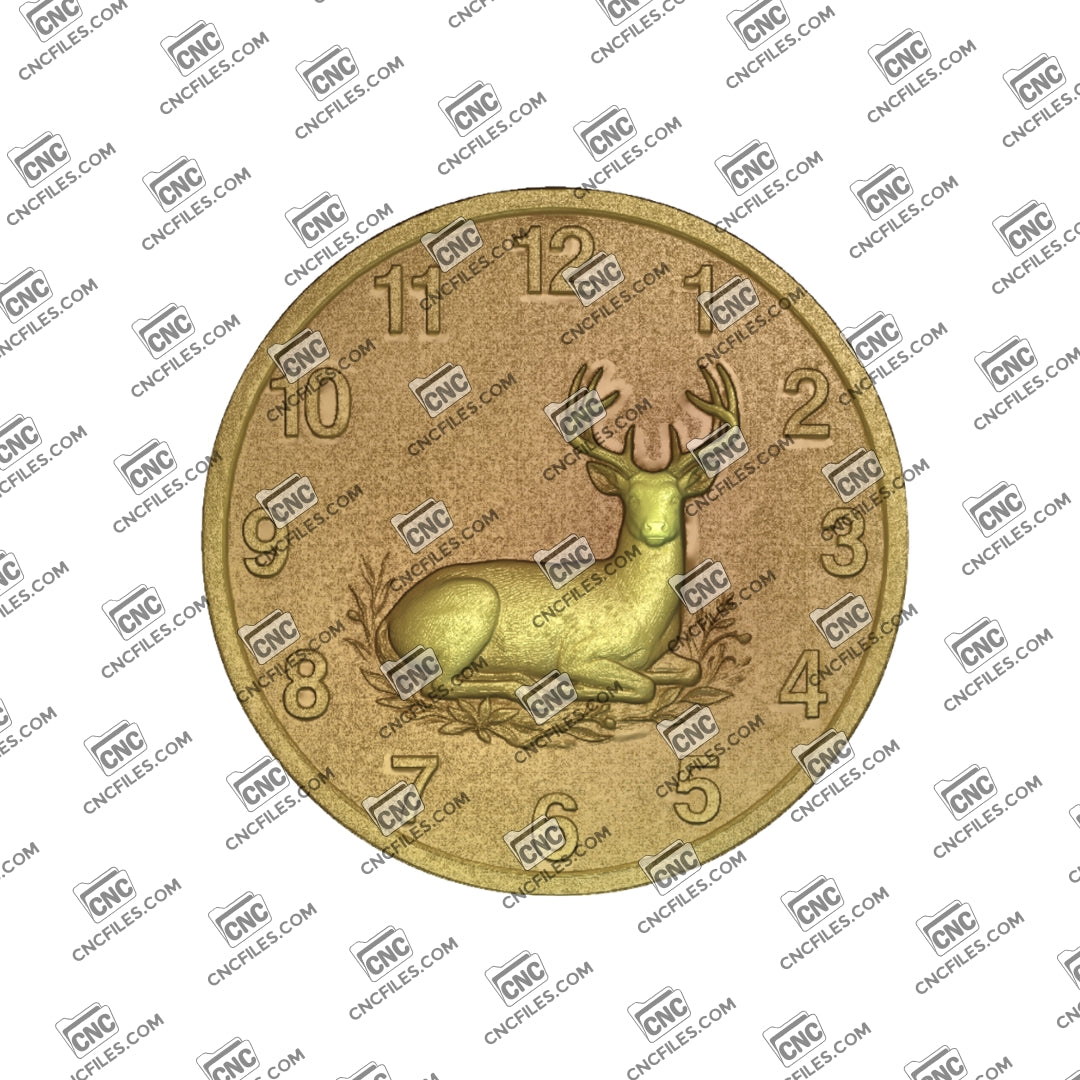 An image of a CNC file showing a white-tailed deer trophy clock with Arabic numerals, designed as a decorative wall piece.
