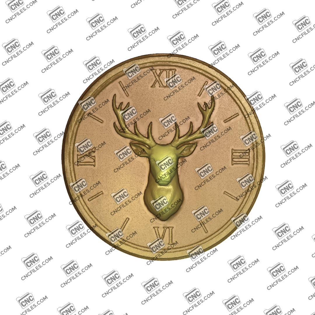 An image of a CNC file showing a white-tailed deer trophy clock with Arabic numerals, designed as a decorative wall piece.
