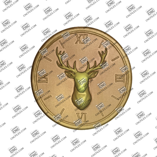 An image of a CNC file showing a white-tailed deer trophy clock with Arabic numerals, designed as a decorative wall piece.