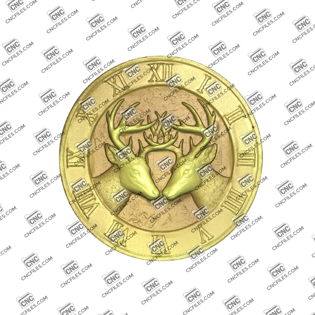 An image of a CNC file showing a White-Tailed Deer Trophy Roman Clock 3 designed for wall display and decorative purposes.
