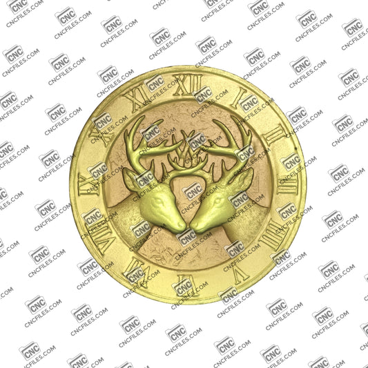 An image of a CNC file showing a White-Tailed Deer Trophy Roman Clock 3 designed for wall display and decorative purposes.