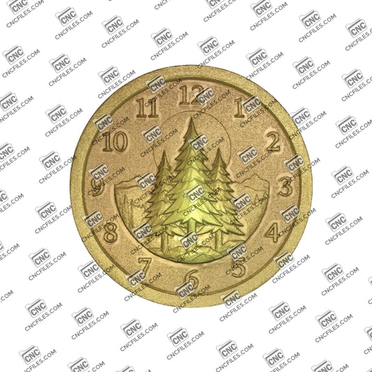 An image of a CNC file showing a Wilderness Pine Forest Arabic Clock 1, designed as a decorative wooden wall clock with Arabic numerals for easy time reading.