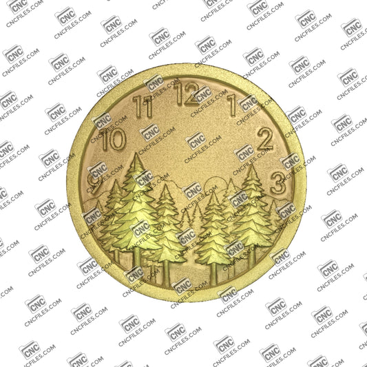 An image of a CNC file showing a Wilderness Pine Forest Arabic Clock 2, designed as a decorative wall clock with a nature-inspired pine forest theme.