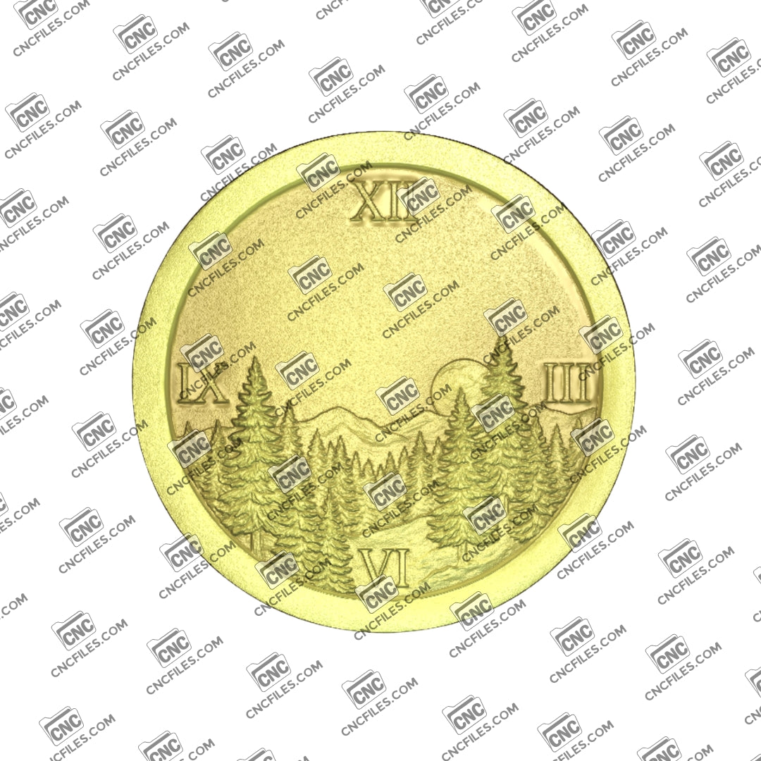 An image of a CNC file showing a wilderness pine forest themed Roman numeral wall clock design intended for decorative home or cabin use.