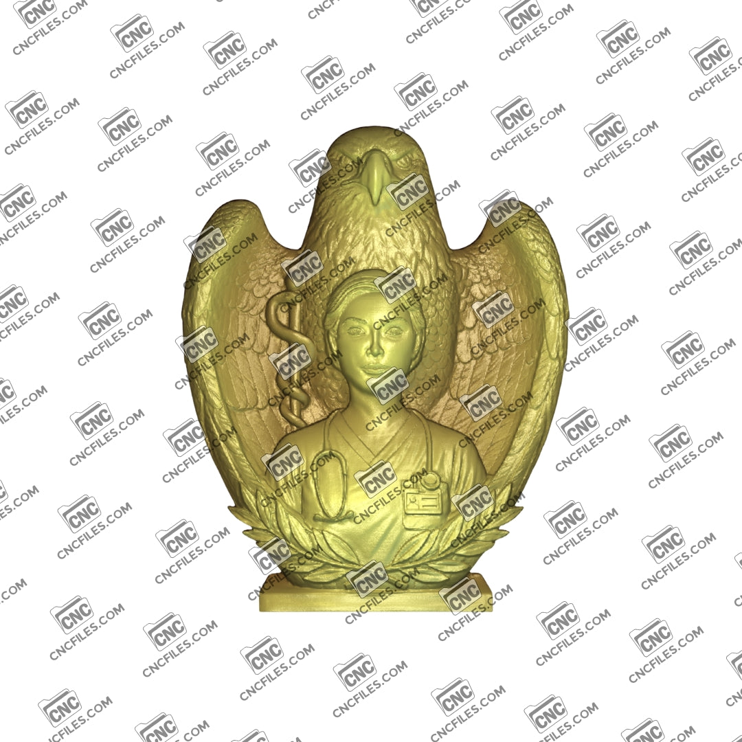 An image of a CNC file showing a “Wings of Service: Female Nurse” figurine designed as a decorative or collectible item.