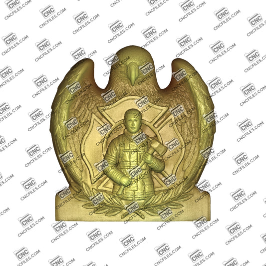 An image of a CNC file showing a detailed male firefighter design titled “Wings of Service,” intended for decorative carving or tribute-themed projects.