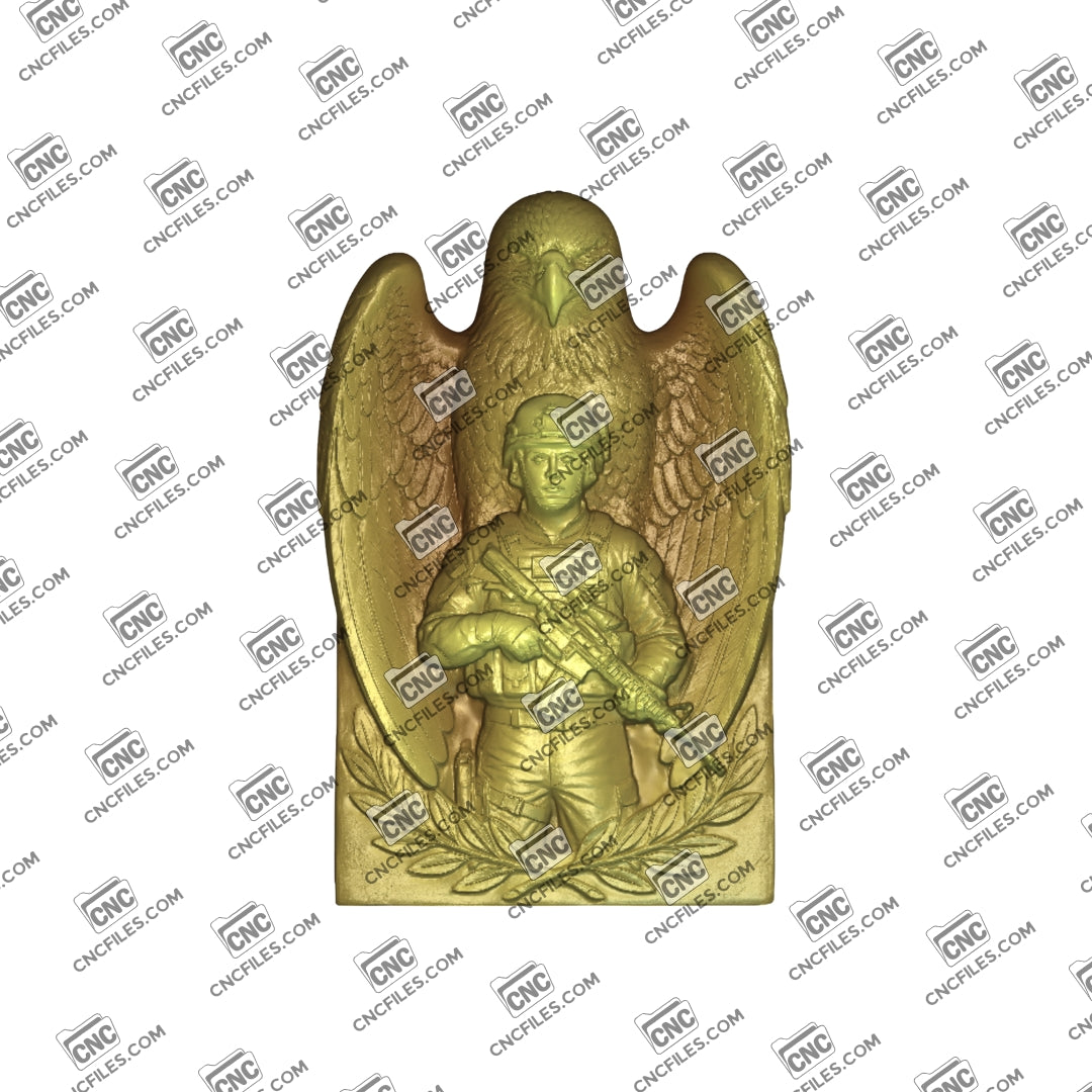 An image of a CNC file showing a “Wings of Service” male soldier figurine designed for engraving or decorative display.