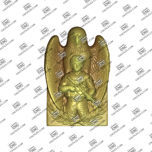 An image of a CNC file showing a “Wings of Service” male soldier figurine designed for engraving or decorative display.