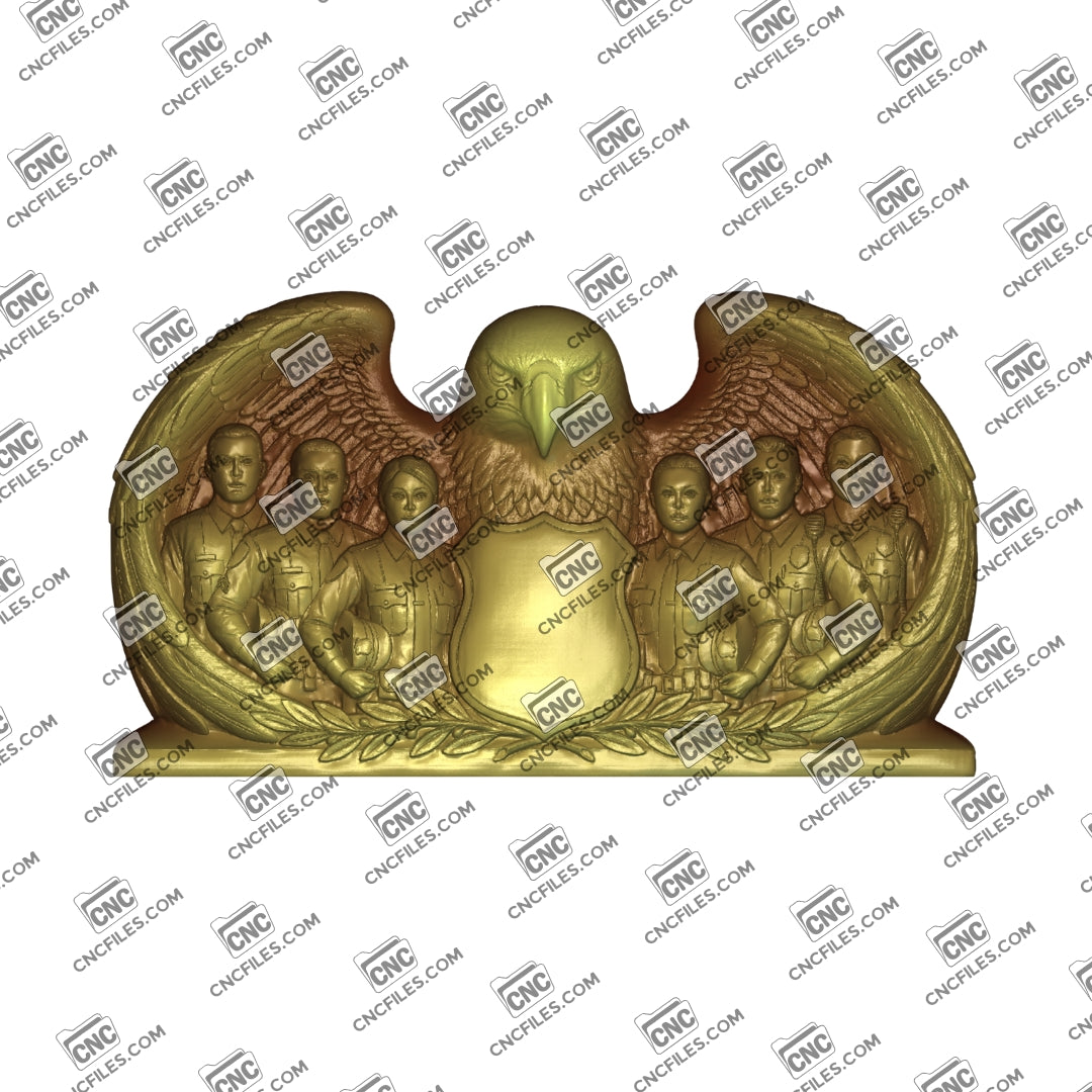 An image of a CNC file showing a Wings of Service design featuring police officers in a detailed emblem style for carving or engraving projects.