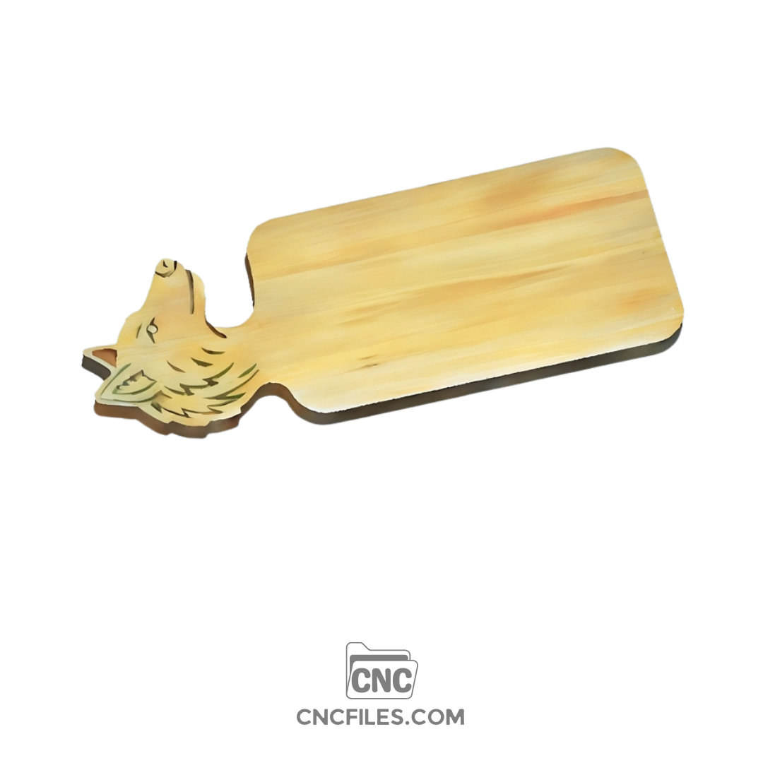 An image of a CNC file showing a detailed wolf head design carved into a cheese board.