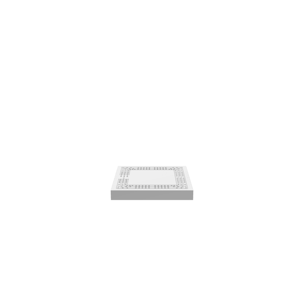 A 3D render of a CNC file showing a 3 Person Square Travel Cribbage Board with a compact square design and detailed peg holes.