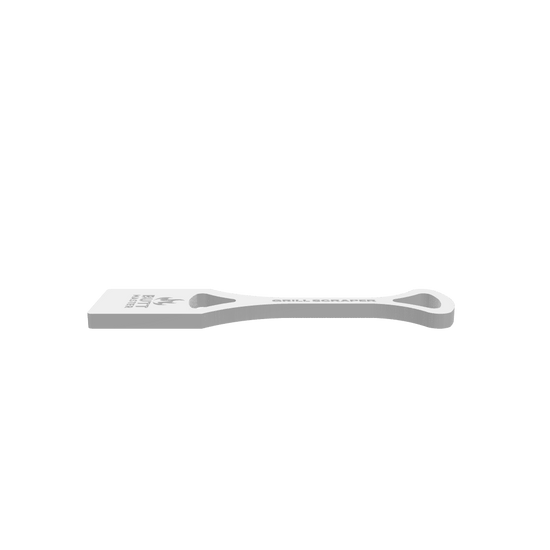 GLB of render file of Grill Scraper – Butt Master Fire displaying the 3D model shape and details for previewing how the finished grill cleaning tool will look.