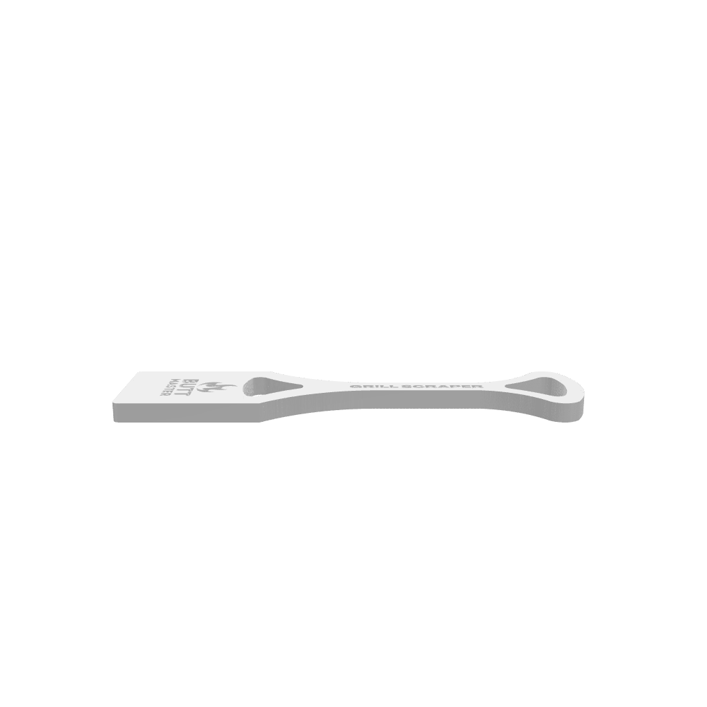 GLB of render file of Grill Scraper – Butt Master Fire displaying the 3D model shape and details for previewing how the finished grill cleaning tool will look.