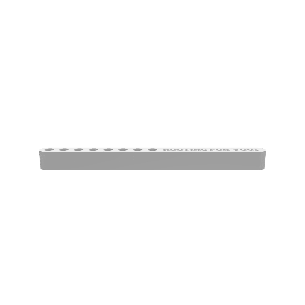 A 3D render of CNC file showing a Modern Propagation Station with the phrase "Rooting For You" engraved, designed with multiple slots to hold plant cuttings for in test tubes.