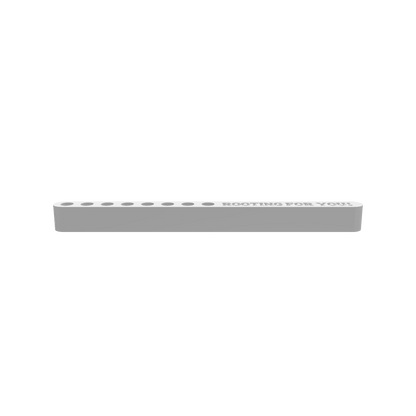 A 3D render of CNC file showing a Modern Propagation Station with the phrase "Rooting For You" engraved, designed with multiple slots to hold plant cuttings for in test tubes.