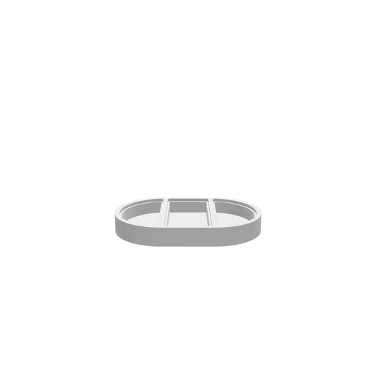 GLB of render file of a pill shape jewellery box with a clear acrylic lid, perfect for storing rings, earrings, and small accessories in a modern, minimalist style.