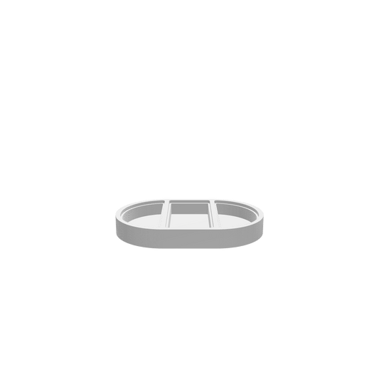 GLB of render file of a pill shape jewellery box with a clear acrylic lid, perfect for storing rings, earrings, and small accessories in a modern, minimalist style.